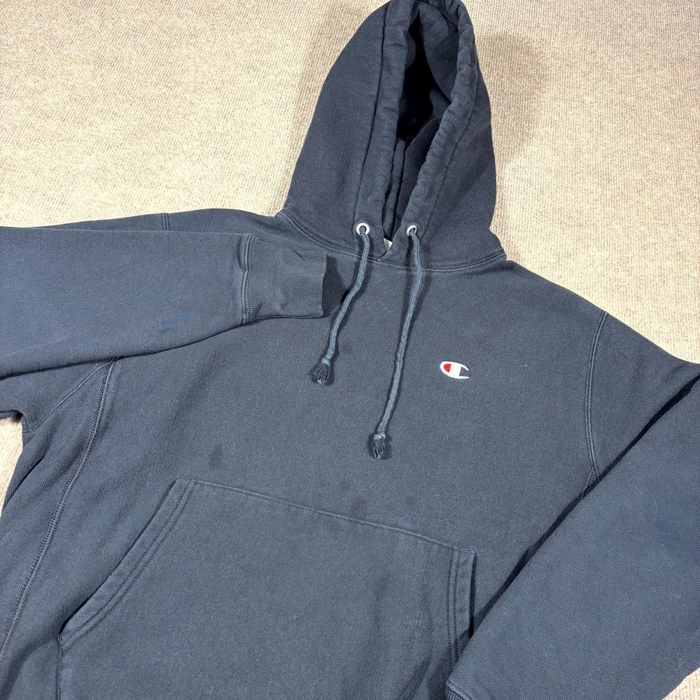 Champion Reverse Weave Pullover Hoodie Mens Medium Black Cotton Ribbed Trim